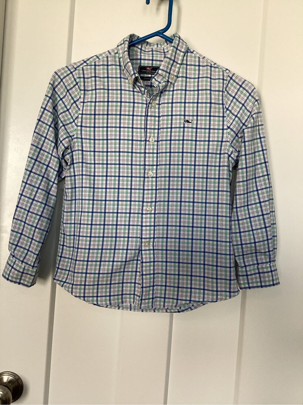 Vineyard Vines Boys 7 Button Down Shirt Long Sleeve Plaid Blue Green performance